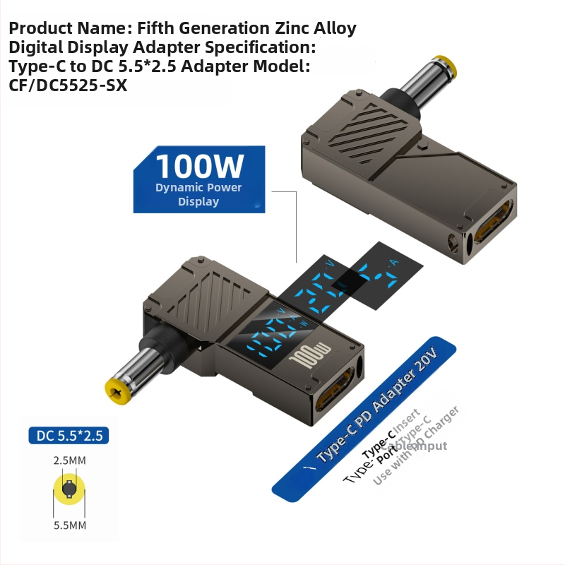 One Core Type-C–to–DC digitális kijelző adapter, PD 100W gyors töltés, noteszgép töltő konverter