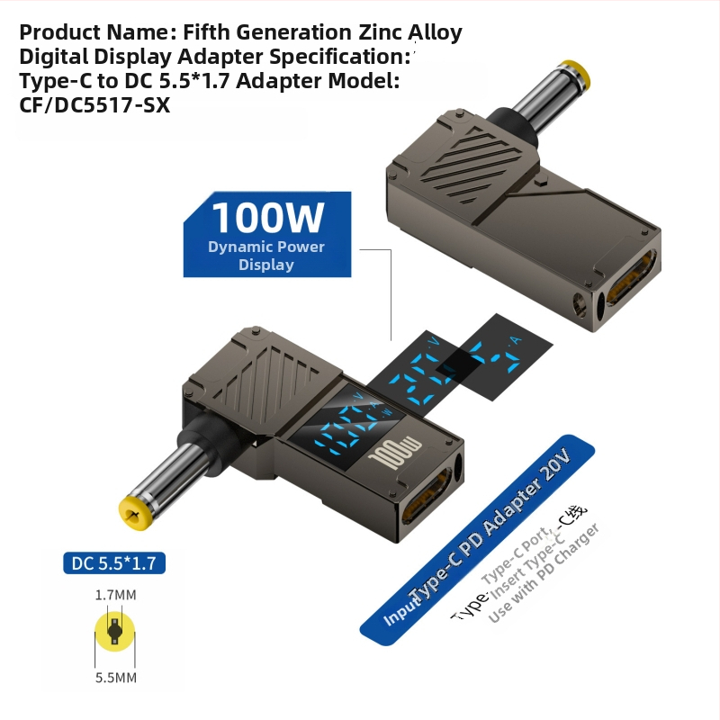 One Core Type-C–to–DC digitális kijelző adapter, PD 100W gyors töltés, noteszgép töltő konverter