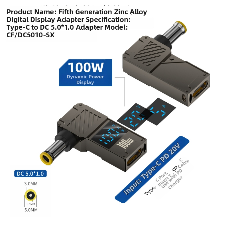 One Core Type-C–to–DC digitális kijelző adapter, PD 100W gyors töltés, noteszgép töltő konverter