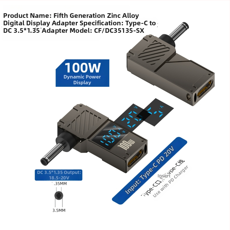 One Core Type-C–to–DC digitális kijelző adapter, PD 100W gyors töltés, noteszgép töltő konverter