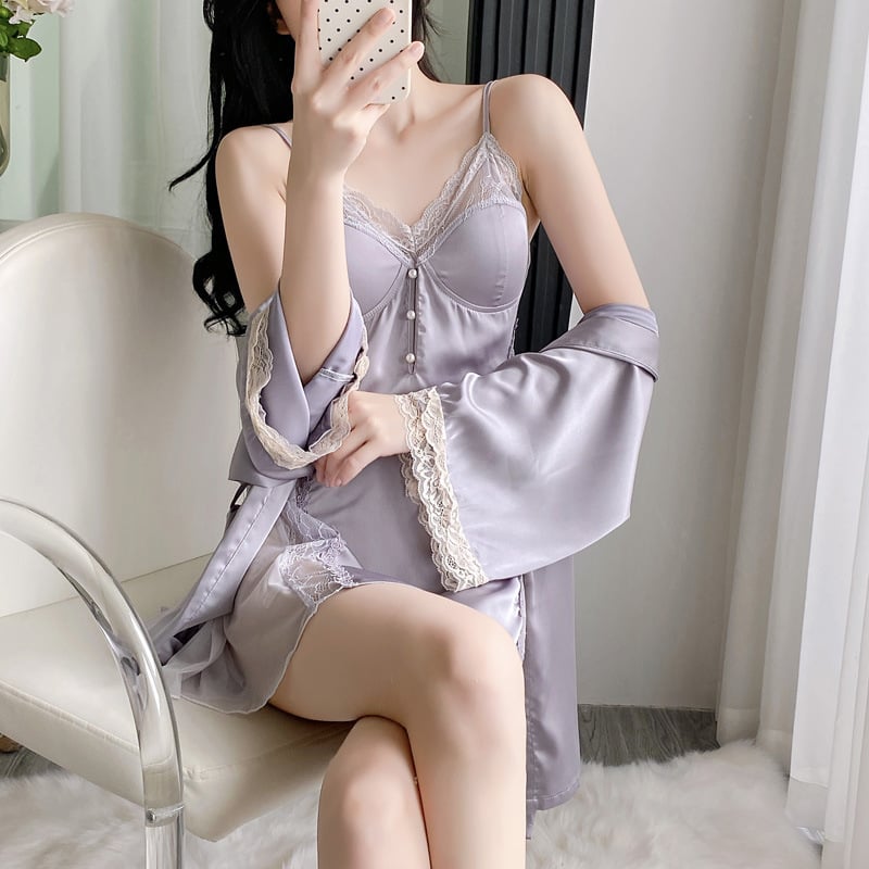 Σετ νυχτικού με τιραντάκια από ice silk – στυλ νεράιδας, ανάλαφρο ύφασμα, 100% πολυεστέρας