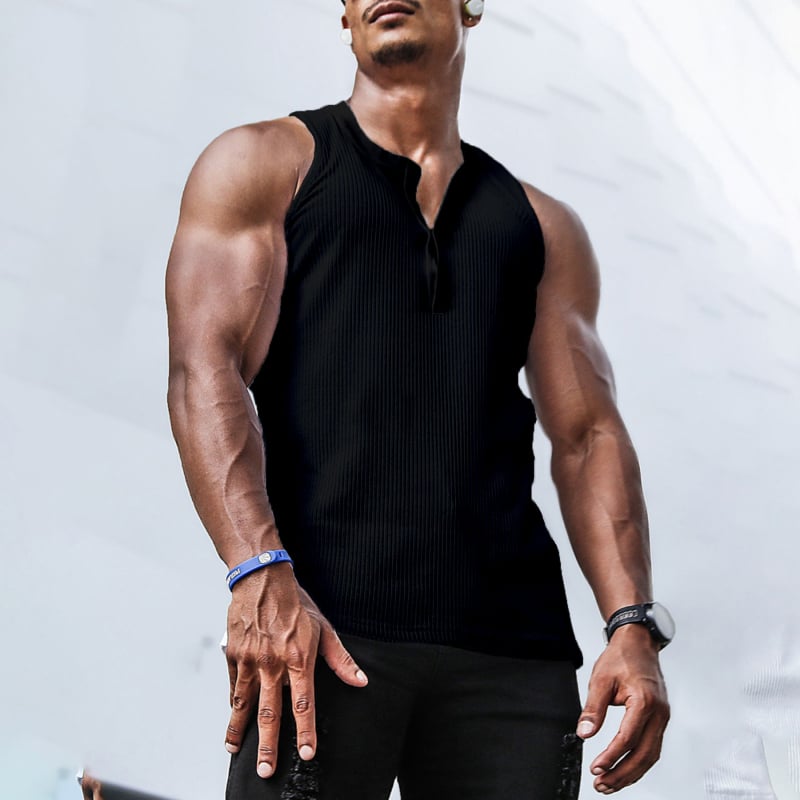 Vesta casual fără mâneci cu guler Henley, poliester 92% respirabil, croială slim