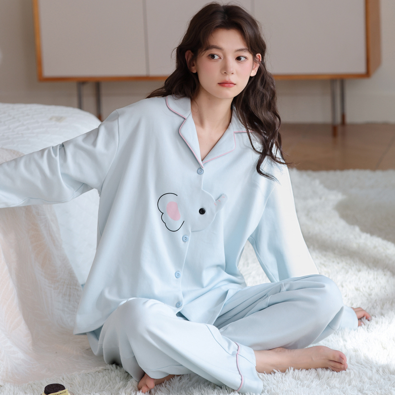 Ženske pidžame od 100% pamuka, dugi rukavi, kardigan s reverom, dvodijelni set za kućnu i vanjsku upotrebu