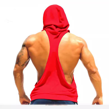 Мъжко горнище за фитнес без ръкави с качулка, свободна кройка, памучна смес