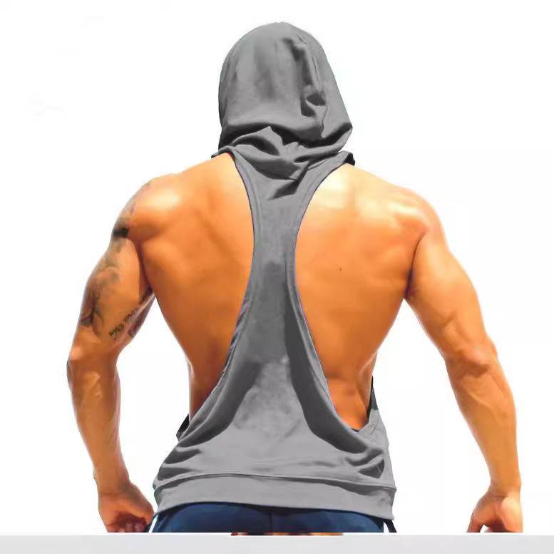 Мъжко горнище за фитнес без ръкави с качулка, свободна кройка, памучна смес