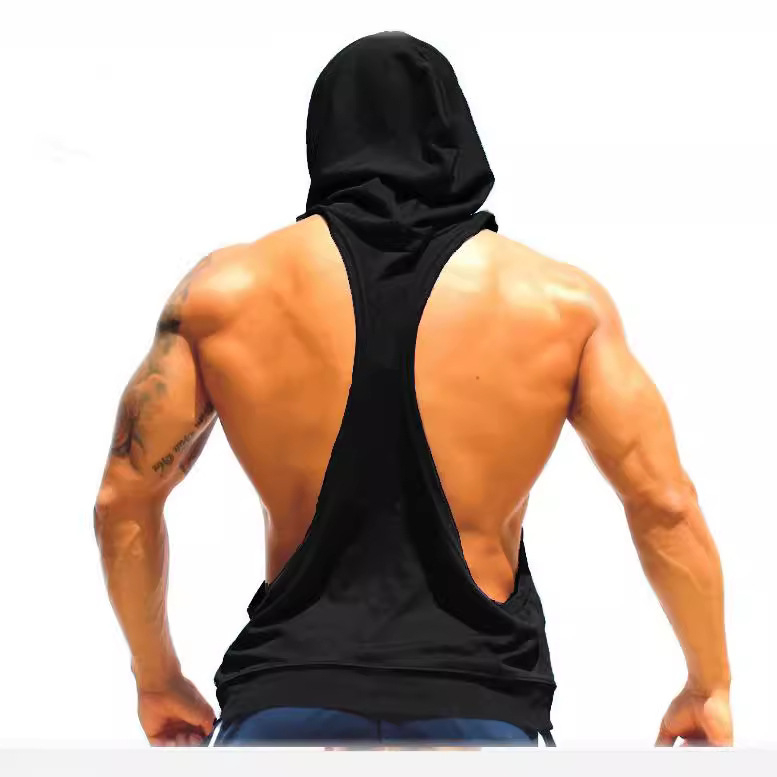 Мъжко горнище за фитнес без ръкави с качулка, свободна кройка, памучна смес