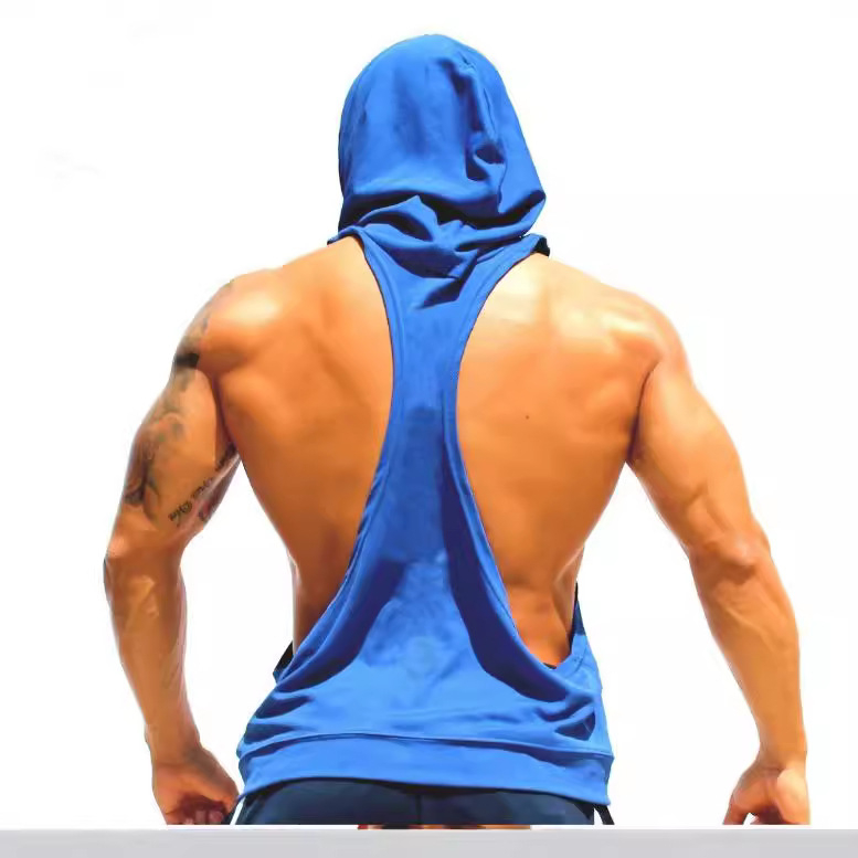Мъжко горнище за фитнес без ръкави с качулка, свободна кройка, памучна смес