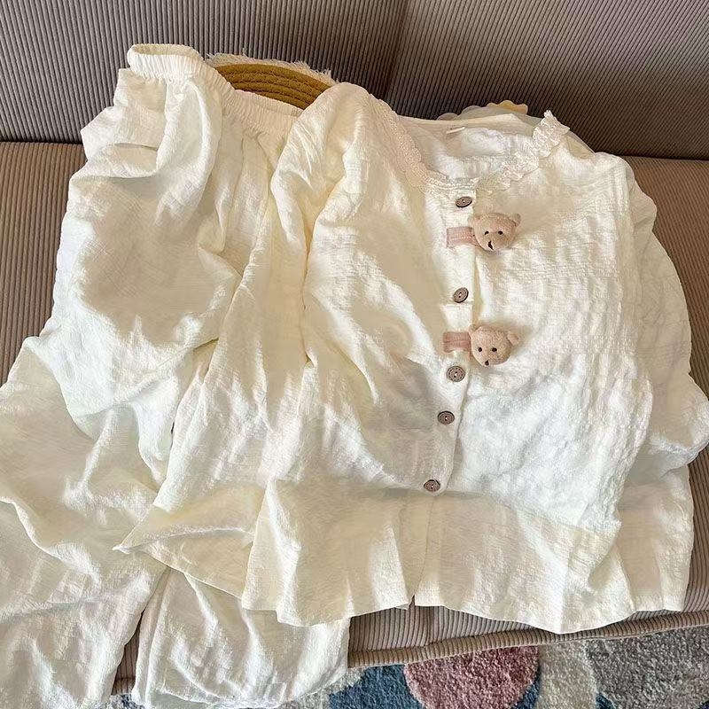 Ženski pidžama set u kardigan stilu od cloud pamuka, sladak motiv medvjića, dugi rukavi, okrugli izrez, dvije komponente, s umetcima za prsni dio