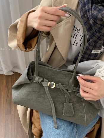 Замшена зимна Tote чанта – с две презрамки, градски минимализъм, хоризонтална квадратна форма, магнитно закопчаване, чанта за документи, полиестерна подплата, зима 2025