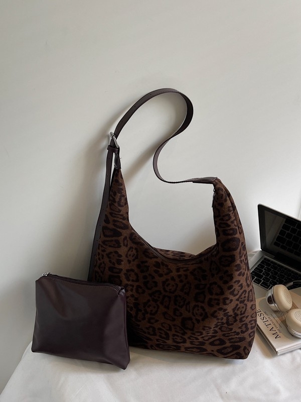 Kožna tote torba s leopardim uzorkom i zipom, velika kapaciteta, gradski stil, jesen 2025
