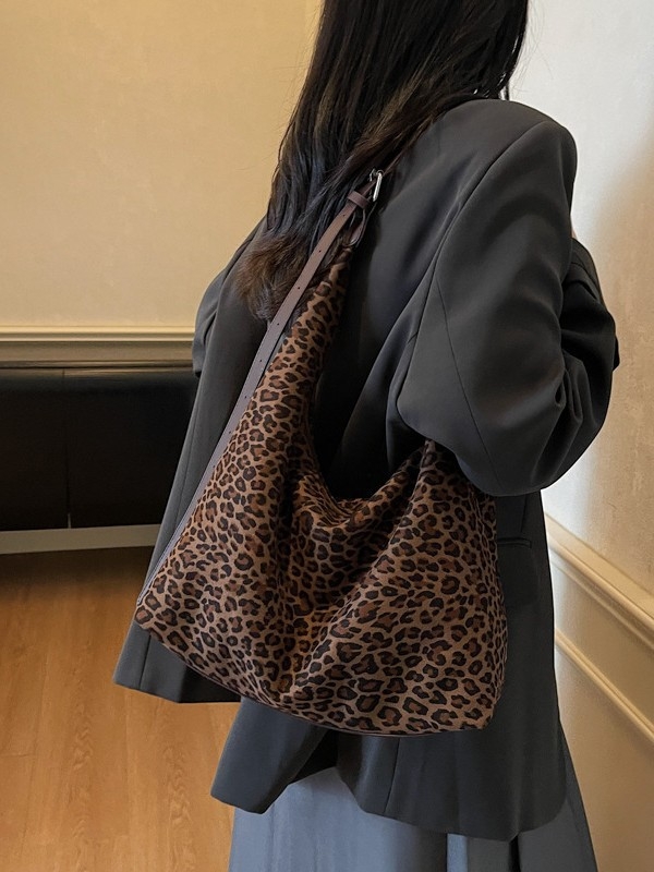 Kožna tote torba s leopardim uzorkom i zipom, velika kapaciteta, gradski stil, jesen 2025