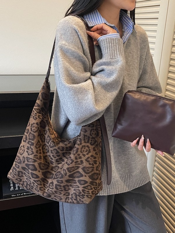 Kožna tote torba s leopardim uzorkom i zipom, velika kapaciteta, gradski stil, jesen 2025