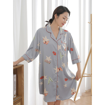 Νυχτικό Ice Silk με γιακά πέτα, καρτούν σχέδιο, μισά μανίκια, λεπτό ύφασμα