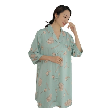 Νυχτικό Ice Silk με γιακά πέτα, καρτούν σχέδιο, μισά μανίκια, λεπτό ύφασμα