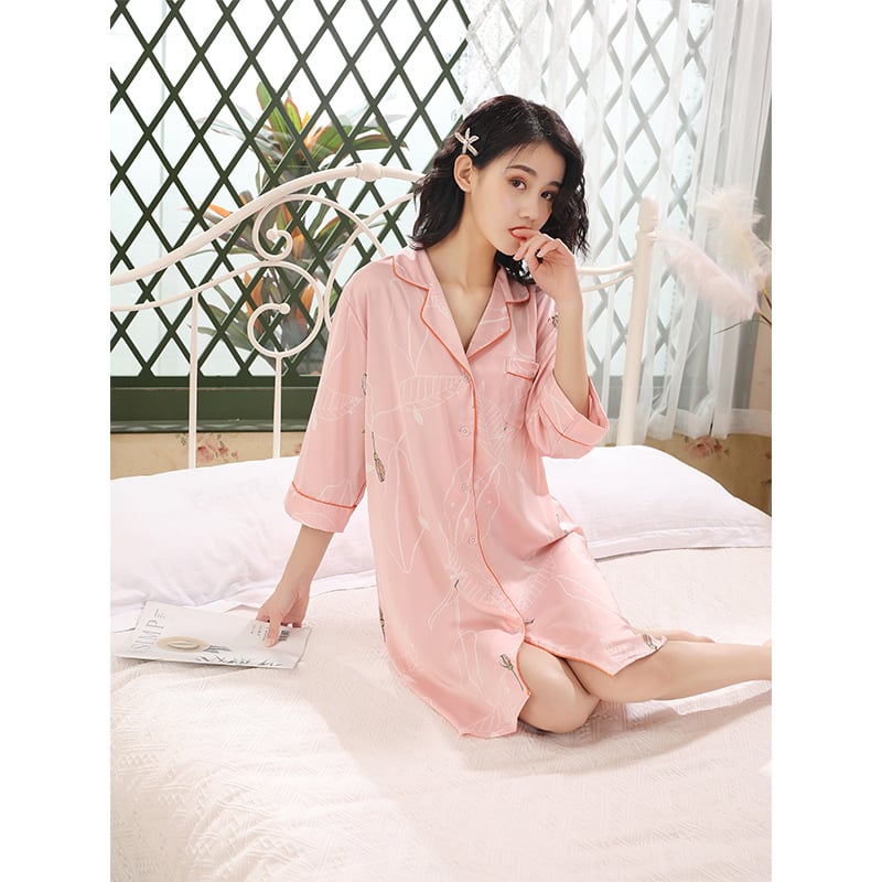 Νυχτικό Ice Silk με γιακά πέτα, καρτούν σχέδιο, μισά μανίκια, λεπτό ύφασμα