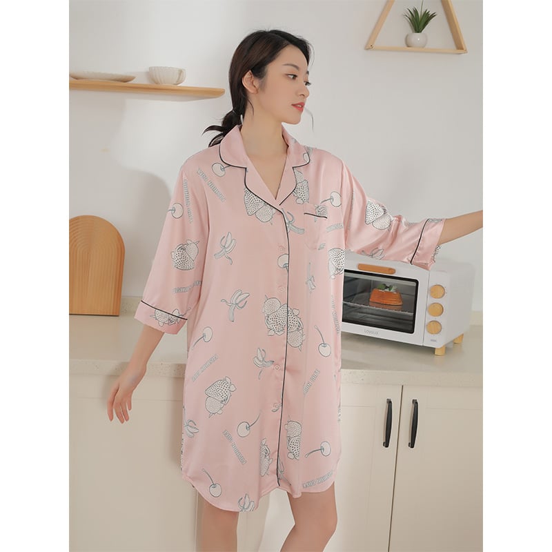 Νυχτικό Ice Silk με γιακά πέτα, καρτούν σχέδιο, μισά μανίκια, λεπτό ύφασμα