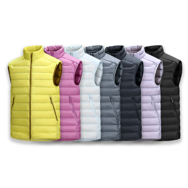 Външна пухена жилетка с изправена яка – лека, среден слой, с решетъчна шарка и пълнеж от бял патеши пух