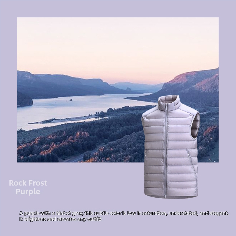 Външна пухена жилетка с изправена яка – лека, среден слой, с решетъчна шарка и пълнеж от бял патеши пух