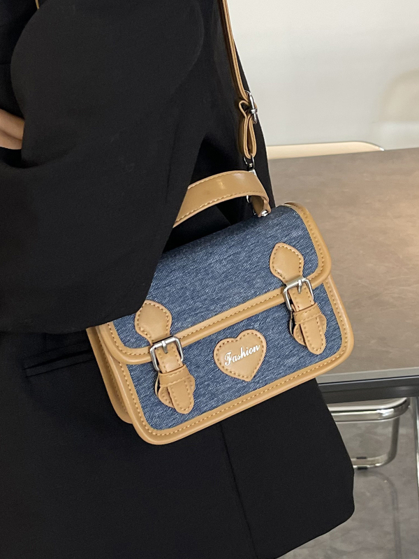 Ženska denim torba s remenom preko ramena, gradski minimalistički stil, kvadratni oblik, zatvaranje preklopom, unutarnji džep za telefon, podstava od poliestera