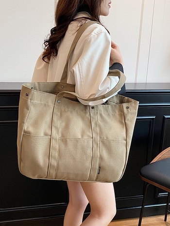 Ženska platnena Tote torba — horizontalni kvadratni oblik, magnetsko zatvaranje, unutarnji džep sa zatvaračem, bez podstave