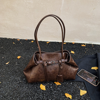 PU кожена чанта за рамо за жени – голям обем, винтидж стил, хоризонтална квадратна форма, магнитно закопчаване, джоб с цип