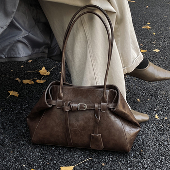 PU кожена чанта за рамо за жени – голям обем, винтидж стил, хоризонтална квадратна форма, магнитно закопчаване, джоб с цип