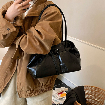 PU кожена чанта за рамо за жени – голям обем, винтидж стил, хоризонтална квадратна форма, магнитно закопчаване, джоб с цип