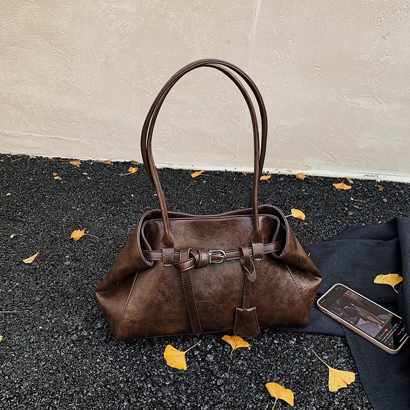 PU кожена чанта за рамо за жени – голям обем, винтидж стил, хоризонтална квадратна форма, магнитно закопчаване, джоб с цип