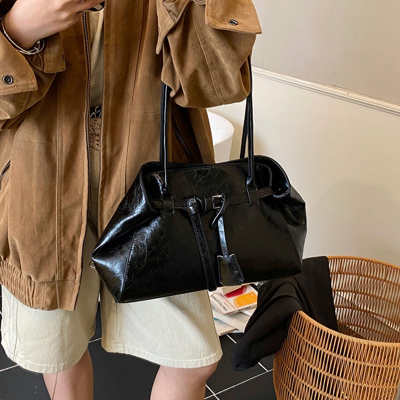 PU кожена чанта за рамо за жени – голям обем, винтидж стил, хоризонтална квадратна форма, магнитно закопчаване, джоб с цип