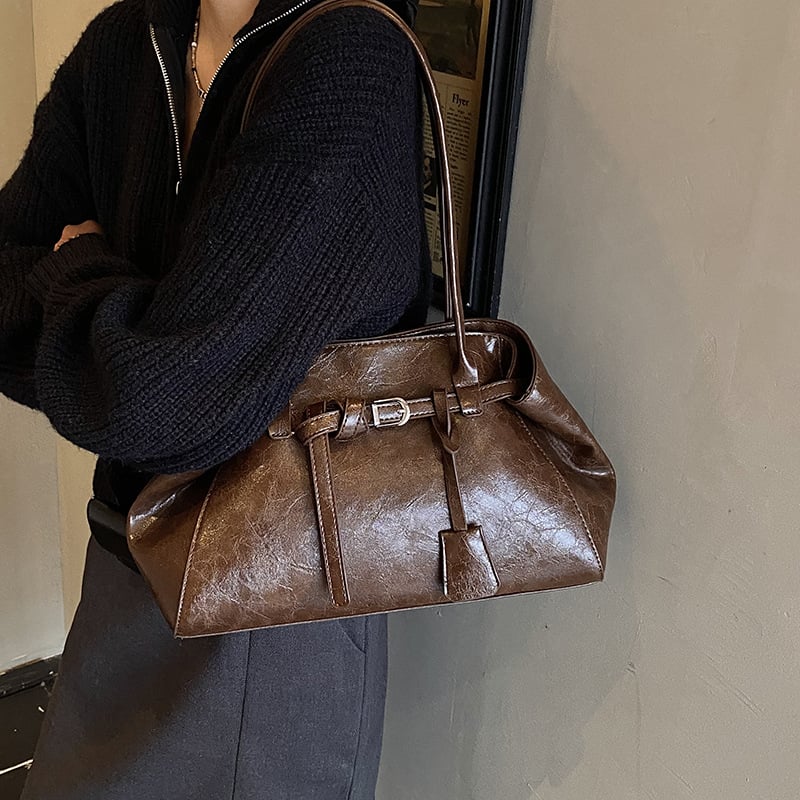 PU кожена чанта за рамо за жени – голям обем, винтидж стил, хоризонтална квадратна форма, магнитно закопчаване, джоб с цип