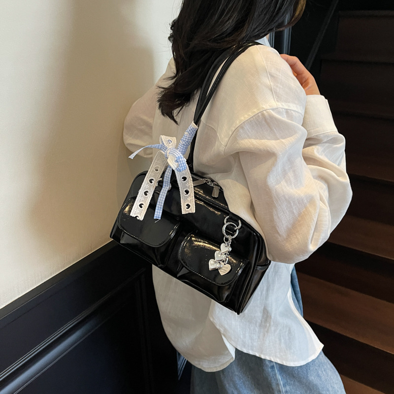 PU torba za ramena s mašnicom, horizontalni kvadratni oblik, zatvarač, pretinc i mobitel i prijenosno računalo