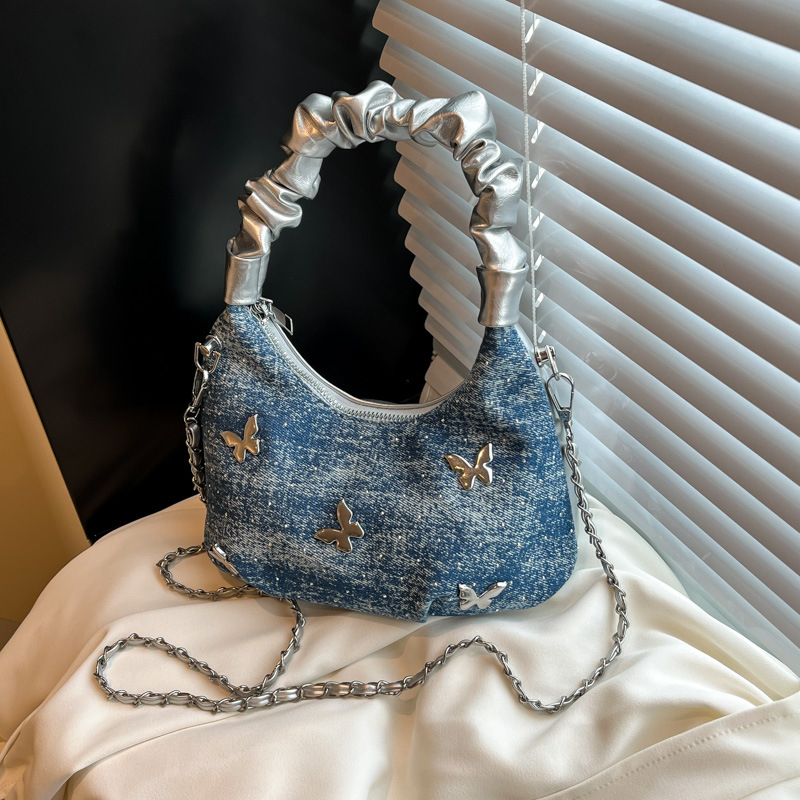 Denim crossbody torba s oblikom dumpling, zatvarač, gradski stil