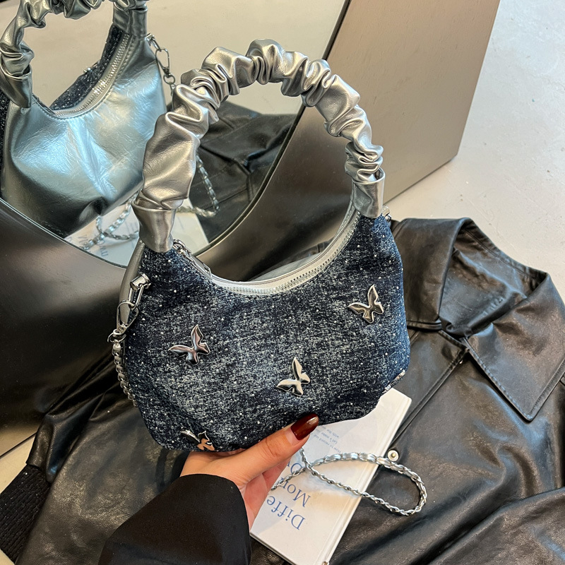 Denim crossbody torba s oblikom dumpling, zatvarač, gradski stil