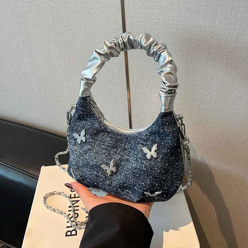 Denim crossbody torba s oblikom dumpling, zatvarač, gradski stil