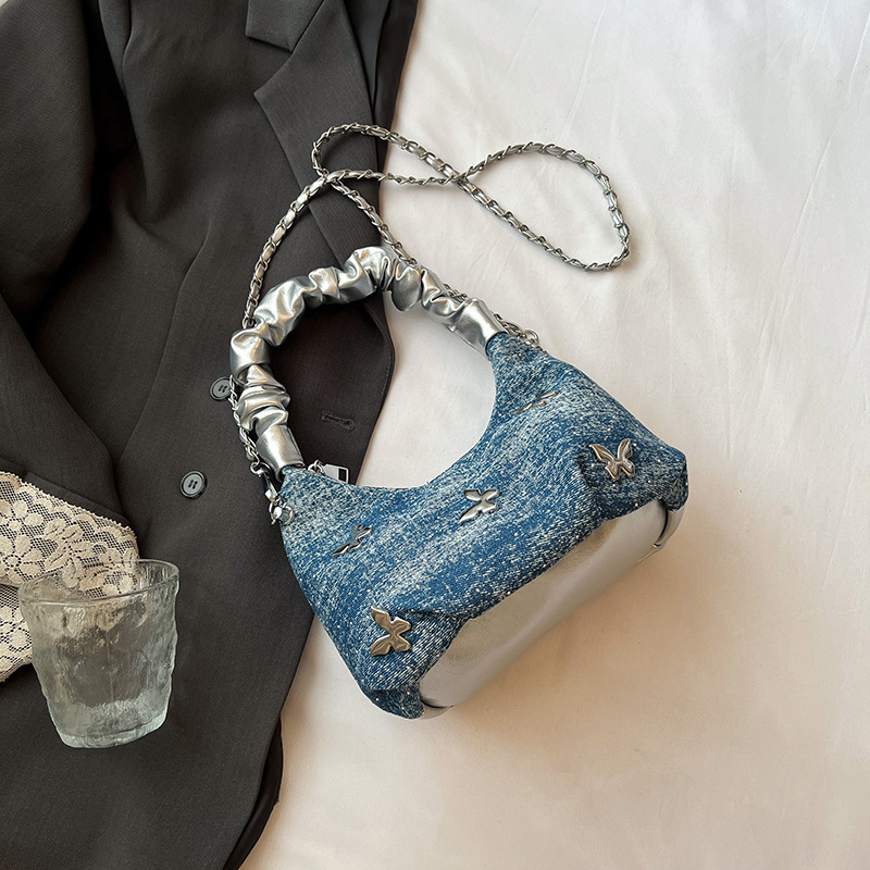 Denim crossbody torba s oblikom dumpling, zatvarač, gradski stil