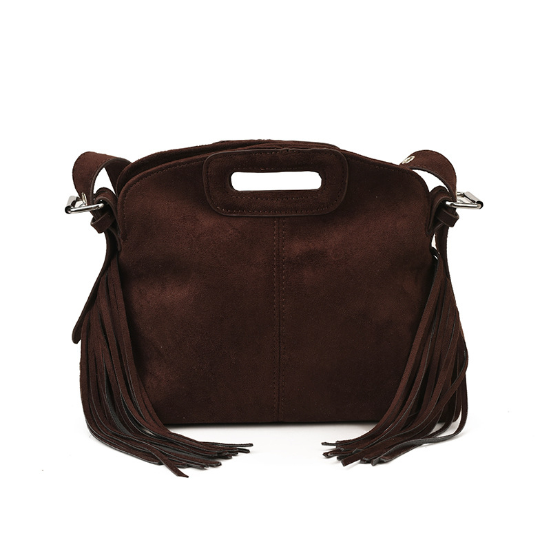 Ženska torbica satchel s resicama, velur koža, crossbody stil, horizontalni četverokutni oblik, otvoreni dizajn, pretinac na zip, pretinac za telefon i dokumente