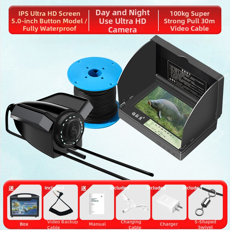 Подводен риболовен ехолот с HD камера и термочувствителна сонда, дълбочина 0.6–30 m, DC 10–18 V