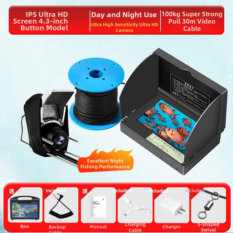 Подводен риболовен ехолот с HD камера и термочувствителна сонда, дълбочина 0.6–30 m, DC 10–18 V