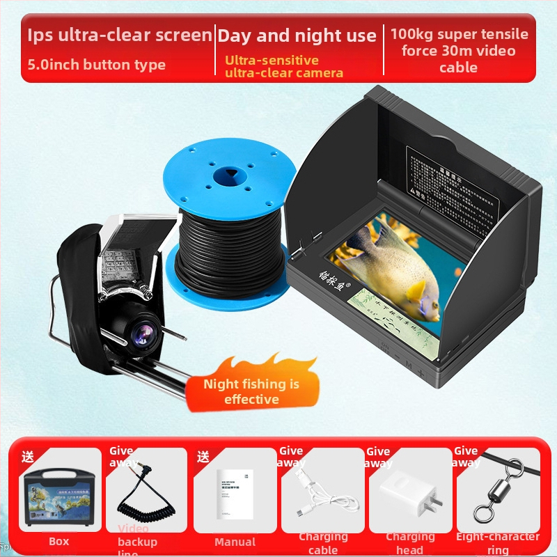 Подводен риболовен ехолот с HD камера и термочувствителна сонда, дълбочина 0.6–30 m, DC 10–18 V