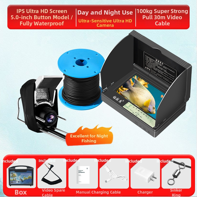 Подводен риболовен ехолот с HD камера и термочувствителна сонда, дълбочина 0.6–30 m, DC 10–18 V