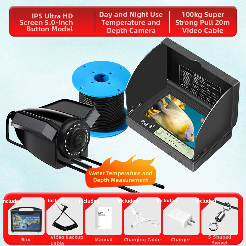 Подводен риболовен ехолот с HD камера и термочувствителна сонда, дълбочина 0.6–30 m, DC 10–18 V