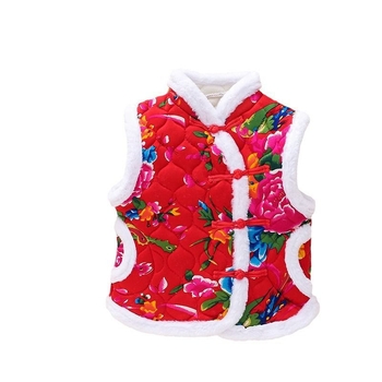 Παιδικό γιλέκο με φλοράλ εθνοστυλ, κορεατικό μοντέλο, τριών επιπέδων quilted, ζεστό, εξωτερικό ύφασμα από γούνα κουνελιού 71–80%