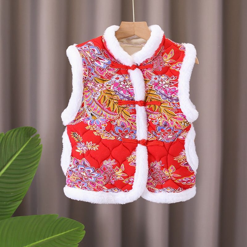 Παιδικό γιλέκο με φλοράλ εθνοστυλ, κορεατικό μοντέλο, τριών επιπέδων quilted, ζεστό, εξωτερικό ύφασμα από γούνα κουνελιού 71–80%