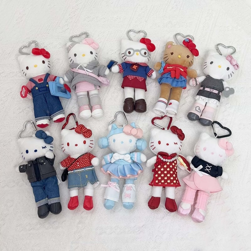 Плюшена котка – ключодържател, дългокрако карикатурно коте, сърцевидно копче, PP памук пълнеж, супер мека къса плюш