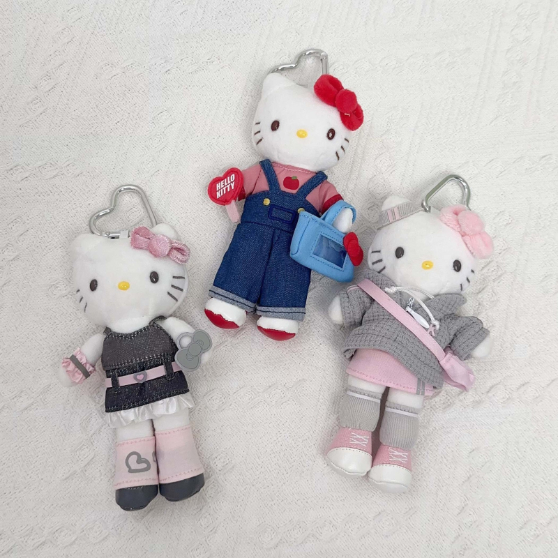 Плюшена котка – ключодържател, дългокрако карикатурно коте, сърцевидно копче, PP памук пълнеж, супер мека къса плюш