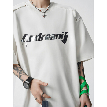 Tricou bărbați street hip hop cu imprimeu litere, croială lejeră, poliester, guler rotund, mâneci scurte