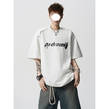 Tricou bărbați street hip hop cu imprimeu litere, croială lejeră, poliester, guler rotund, mâneci scurte