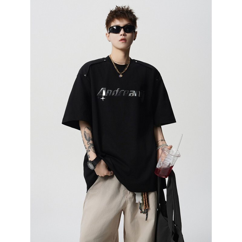 Tricou bărbați street hip hop cu imprimeu litere, croială lejeră, poliester, guler rotund, mâneci scurte