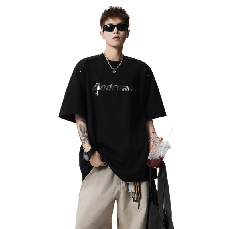 Tricou bărbați street hip hop cu imprimeu litere, croială lejeră, poliester, guler rotund, mâneci scurte