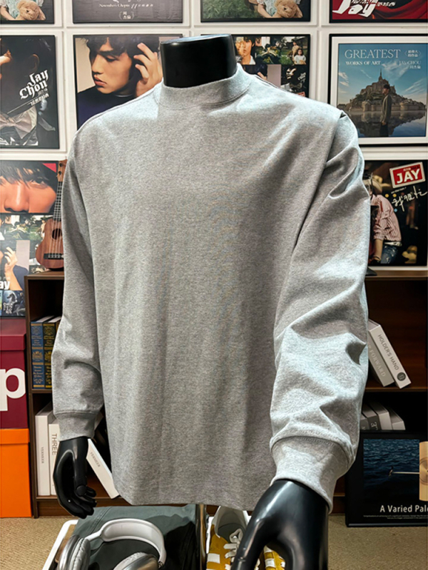 Tricou bărbați din bumbac, mânecă lungă, guler rotund, croială lejeră, strat de bază